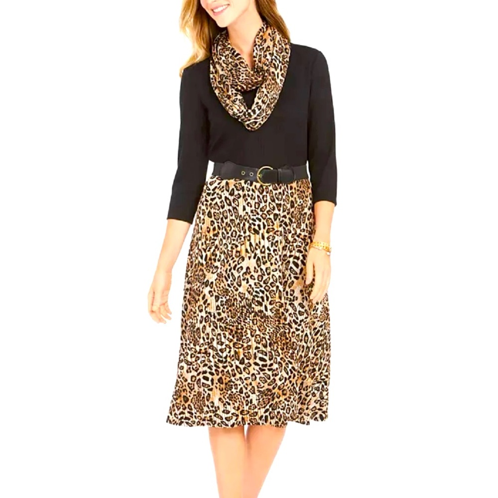 ROBBIE BEE WOMEN'S BELTED LEOPARD PRINT SWEATER DRESS & SCARF BLACK PETITE M